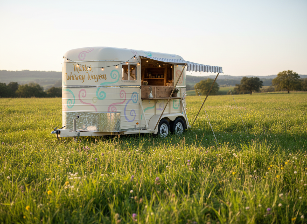 A charming renovated horse trailer transformed into a whimsical mobile venue, its exterior painted a soft cream with hand-painted pastel swirls, gold script reading “Marie’s Whimsy Wagon” along the side. The trailer is parked in a lush green field dotted with tiny wildflowers, a string of warm fairy lights draped along the roofline and awning. Late afternoon golden hour sunlight bathes the scene, creating gentle highlights on the polished metal trim and soft shadows in the grass. Captured at eye level in photographic realism, the composition uses the rule of thirds, with the trailer slightly off-center and the background softly blurred, conveying a playful, inviting atmosphere full of possibility.