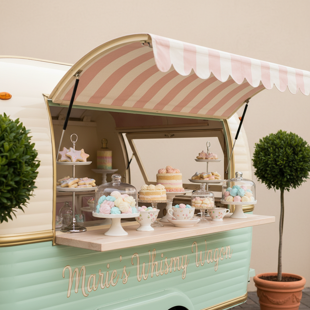 A bright daytime scene showcasing the versatility of Marie’s Whimsy Wagon as a mobile dessert bar. The trailer’s side hatch forms a charming awning, under which a pale wood counter displays an artful spread of petite cakes, whimsical sugar cookies, and pastel meringue kisses on mixed-height stands. A soft striped fabric canopy edge in blush and cream adds a nostalgic touch. The backdrop includes a light, neutral wall and a few potted topiary trees for a clean but playful setting. Soft studio-like natural light from the left creates gentle highlights on glass domes and frosting swirls. Photographic realism, shot at eye level with moderate depth of field, keeps the scene crisp yet inviting.