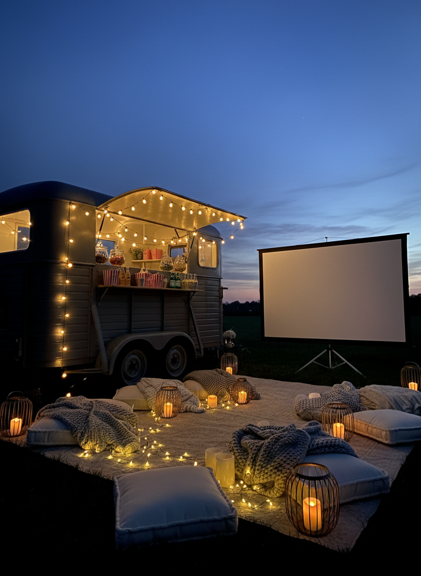 A moody, twilight scene of the mobile venue set up for an intimate movie-night event. The renovated horse trailer faces a freestanding white projection screen, surrounded by clusters of oversized floor cushions, chunky knit blankets, and low lanterns with flickering LED candles. The trailer’s hatch is open, revealing neatly arranged jars of candy, striped popcorn tubs, and glass bottles of sparkling beverages. A soft blue hour sky glows behind the scene, while warm string lights along the trailer roof and ground-level fairy lights create a cozy, whimsical contrast. Photographic realism, captured from a low-angle three-quarter view, emphasizes the trailer’s profile and the magical, playful ambiance.