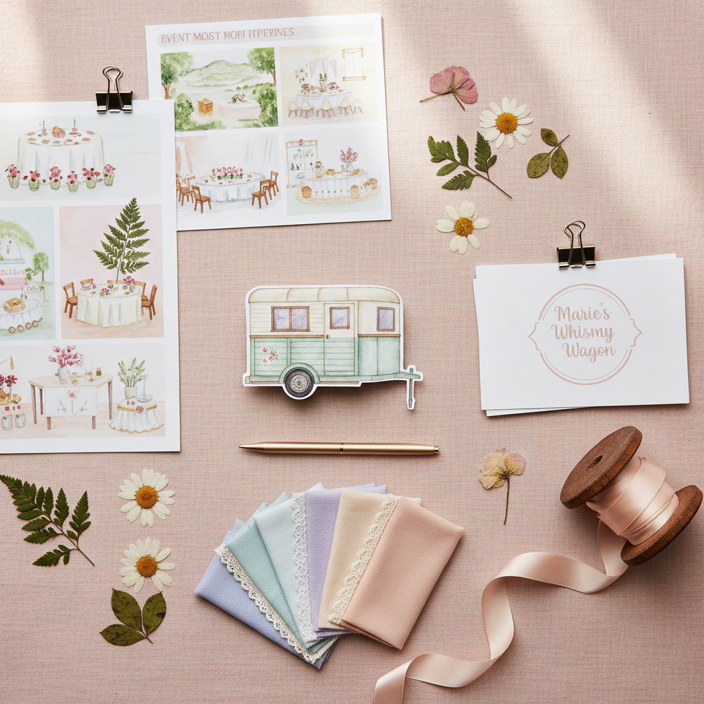 A stylized flat-lay of branded stationery and decor representing Marie’s Whimsy Wagon’s event planning services. On a blush linen background, there are illustrated event mood boards, a miniature paper cutout of the renovated horse trailer, swatches of pastel fabrics, and small silver binder clips. A delicate gold pen, a few pressed flowers, and a ribbon spool with trailing satin in cream and peach add tactile charm. Soft, diffused window light from the top edge of the frame casts minimal shadows, creating a calm but playful atmosphere. Photographic realism with razor-sharp focus across the frame emphasizes texture and color harmony, perfect for conveying a curated, imaginative design process.