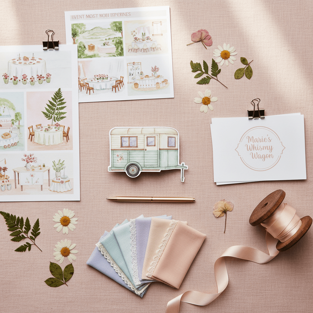 A stylized flat-lay of branded stationery and decor representing Marie’s Whimsy Wagon’s event planning services. On a blush linen background, there are illustrated event mood boards, a miniature paper cutout of the renovated horse trailer, swatches of pastel fabrics, and small silver binder clips. A delicate gold pen, a few pressed flowers, and a ribbon spool with trailing satin in cream and peach add tactile charm. Soft, diffused window light from the top edge of the frame casts minimal shadows, creating a calm but playful atmosphere. Photographic realism with razor-sharp focus across the frame emphasizes texture and color harmony, perfect for conveying a curated, imaginative design process.