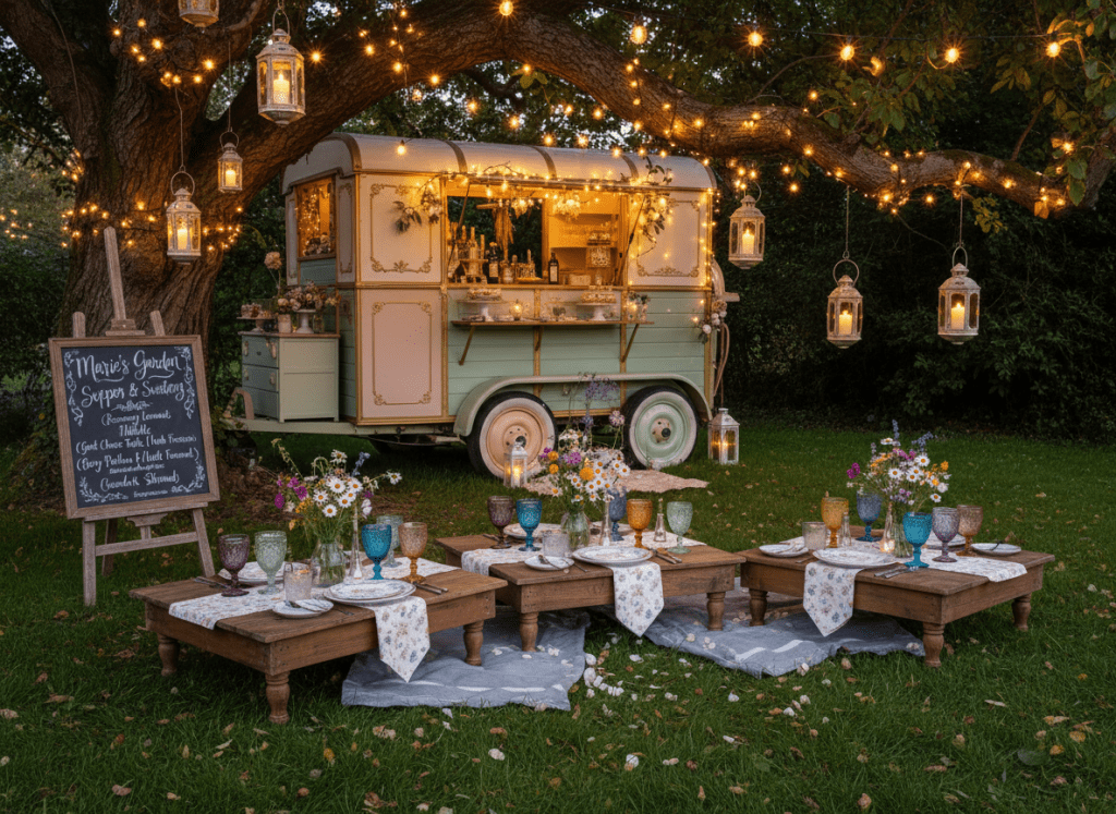 An evening garden party scene centered on Marie’s Whimsy Wagon, the converted horse trailer parked beneath a sprawling tree wrapped in twinkling string lights. In front of the trailer, a cluster of low wooden tables is styled with mismatched pastel glassware, whimsical patterned napkins, and small bud vases holding wildflower arrangements. Nearby, a chalkboard-style sign on an easel displays a hand-lettered event menu. The setting is illuminated by a mix of warm fairy lights and soft lantern glow, casting cozy, playful shadows across the grass. Photographic realism, captured from a wide-angle, slightly elevated perspective, with sharp focus throughout to emphasize the layered, magical atmosphere of a custom pop-up event.