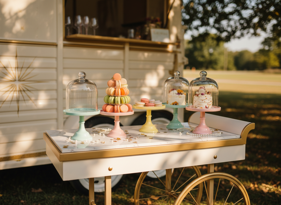 A close-up, detail-rich shot of a custom event vignette beside the mobile venue: a vintage-inspired cream bar cart with gold wheels and a scalloped edge, topped with pastel cake stands, glass cloches, and a tower of macarons in soft sherbet tones. Behind it, the blurred side of the renovated horse trailer reveals soft cream paint and a subtle hand-painted starburst motif. Late morning sunlight filters through nearby trees, creating dappled light and playful shadows across the cart’s surface. Photographic realism, captured at a slightly low angle with shallow depth of field, focuses attention on the whimsical textures and colors, evoking a sense of delight and bespoke celebration.
