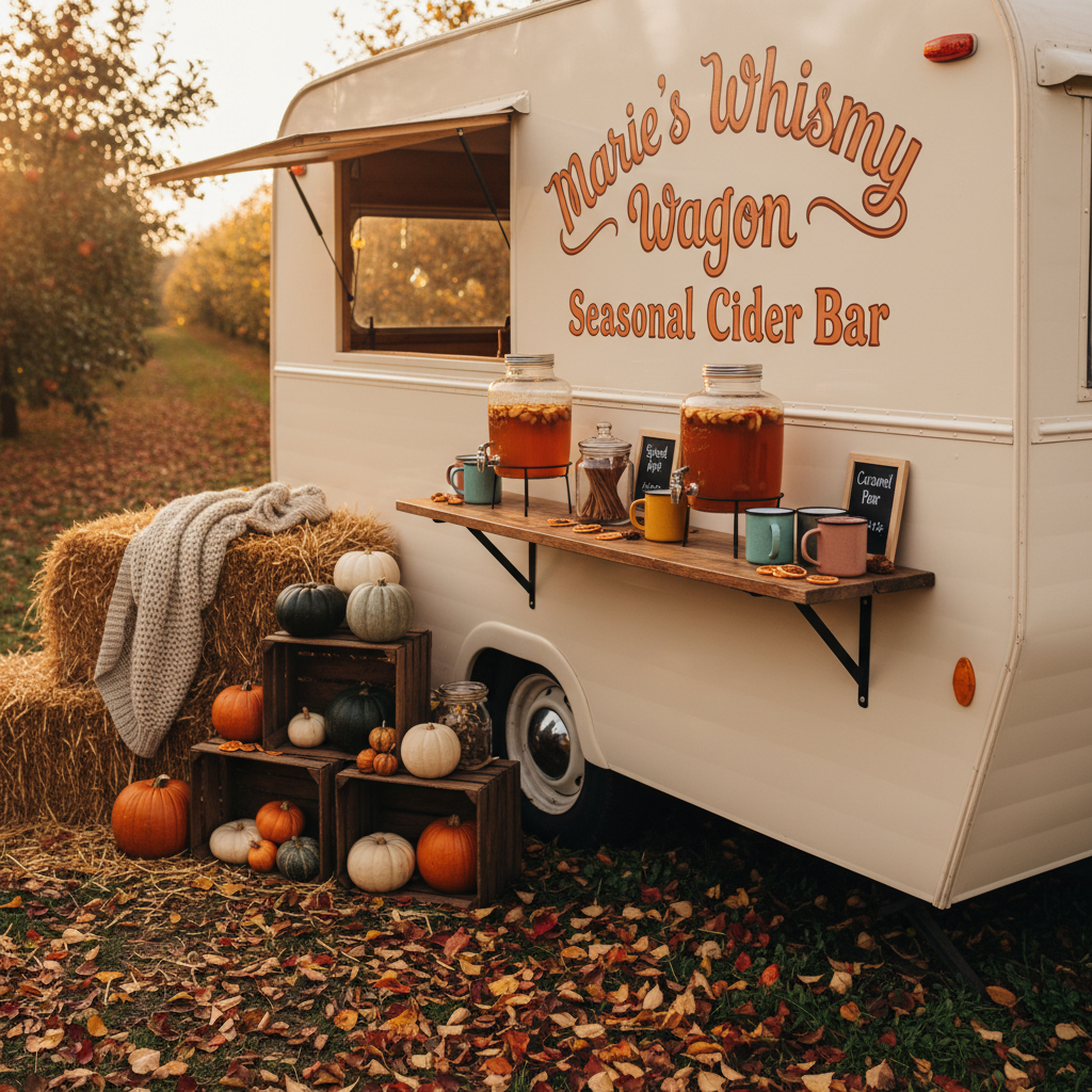 A cozy autumnal setup featuring Marie’s Whimsy Wagon as a seasonal pop-up cider bar. The trailer is parked beside a cluster of straw bales and wooden crates stacked with pumpkins in various muted tones. On the serving ledge, glass dispensers of spiced cider sit alongside enamel mugs in soft, mismatched colors, with cinnamon sticks displayed in a small glass jar. Fallen leaves scatter across the ground. Late afternoon fall light with a warm, golden tone creates rich highlights on the trailer’s soft cream exterior and adds depth to the oranges and browns. Photographic realism, shot from a three-quarter angle with moderate depth of field, evokes a snug, playful harvest vibe.